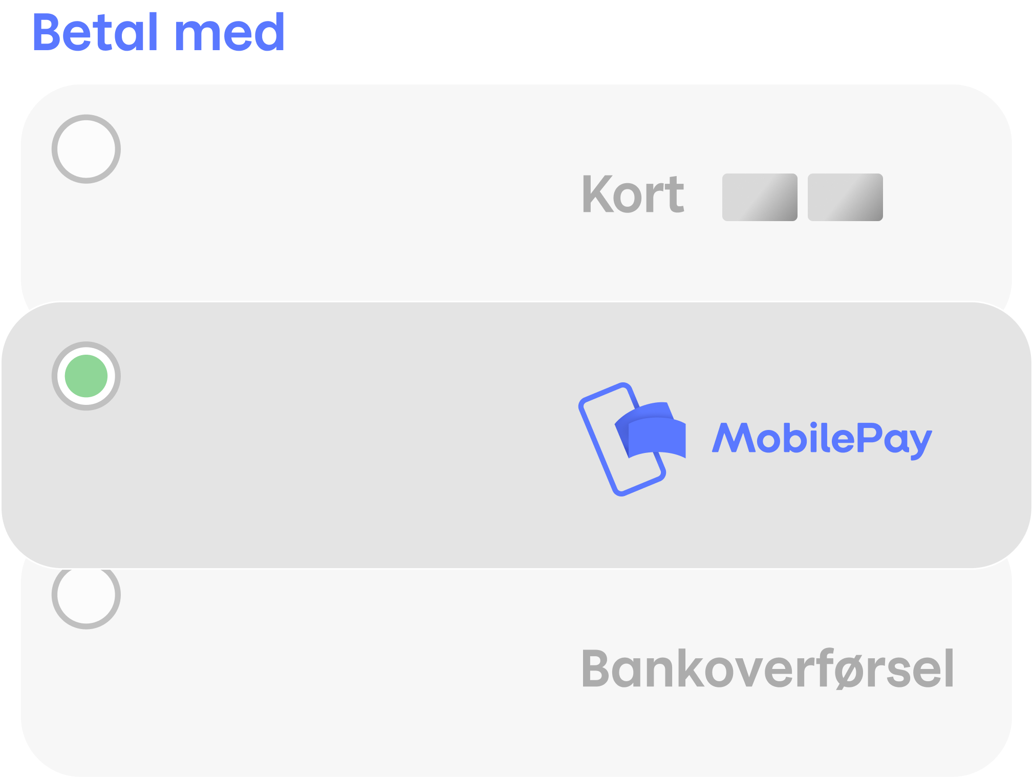 A payment options menu with MobilePay selected.