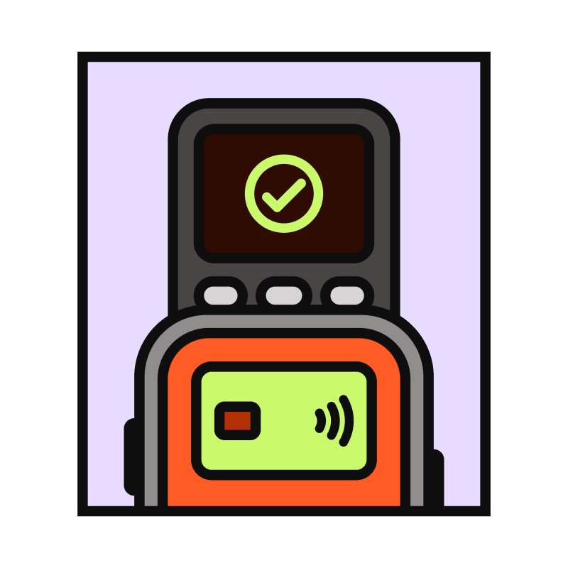 Payment terminal displaying a green checkmark and contactless payment icon.