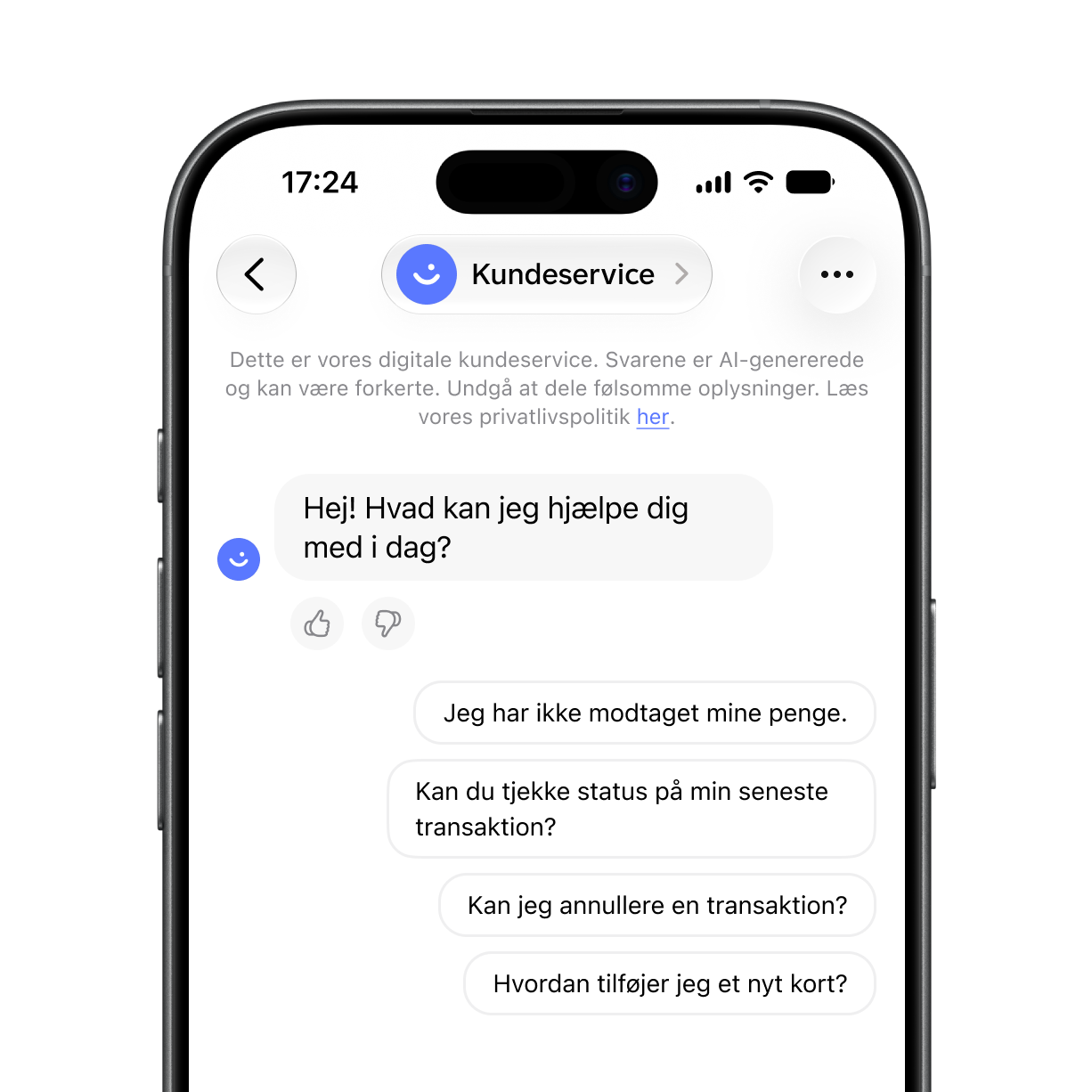 A smartphone screen displays a customer service chatbot interface in Danish, with the bot asking "Hi! How can I help you today?" and several user query options below.