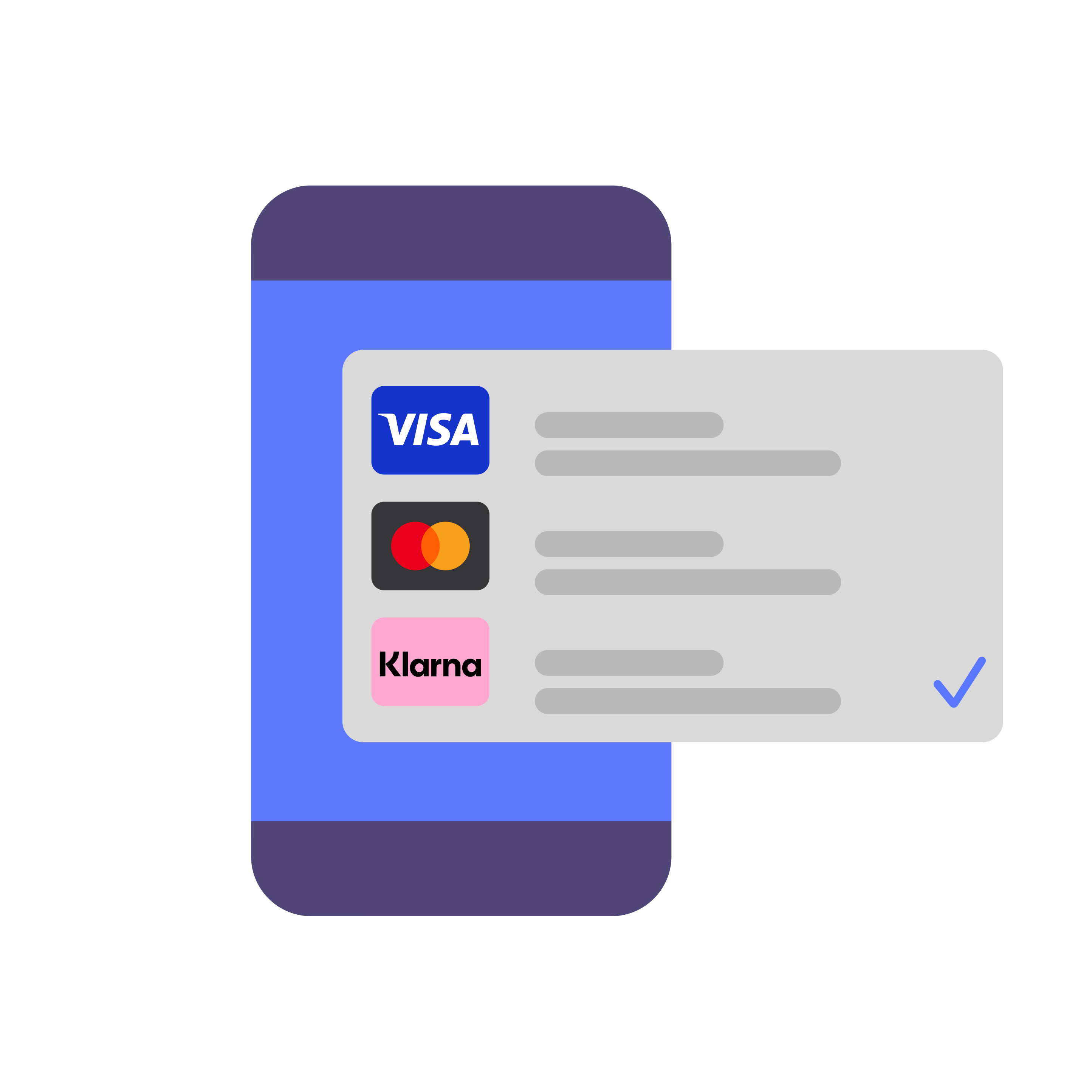 Mobile phone displaying payment options for Visa, Mastercard, and Klarna.