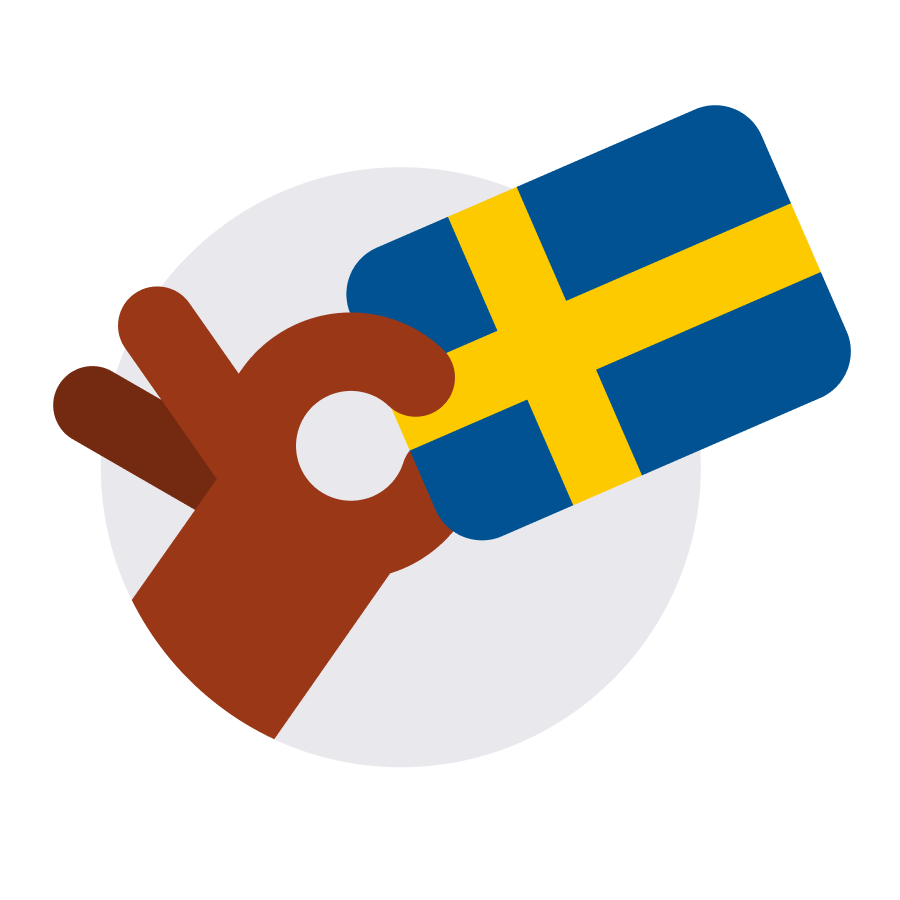 A brown hand making an OK gesture holds a card depicting the Swedish flag.