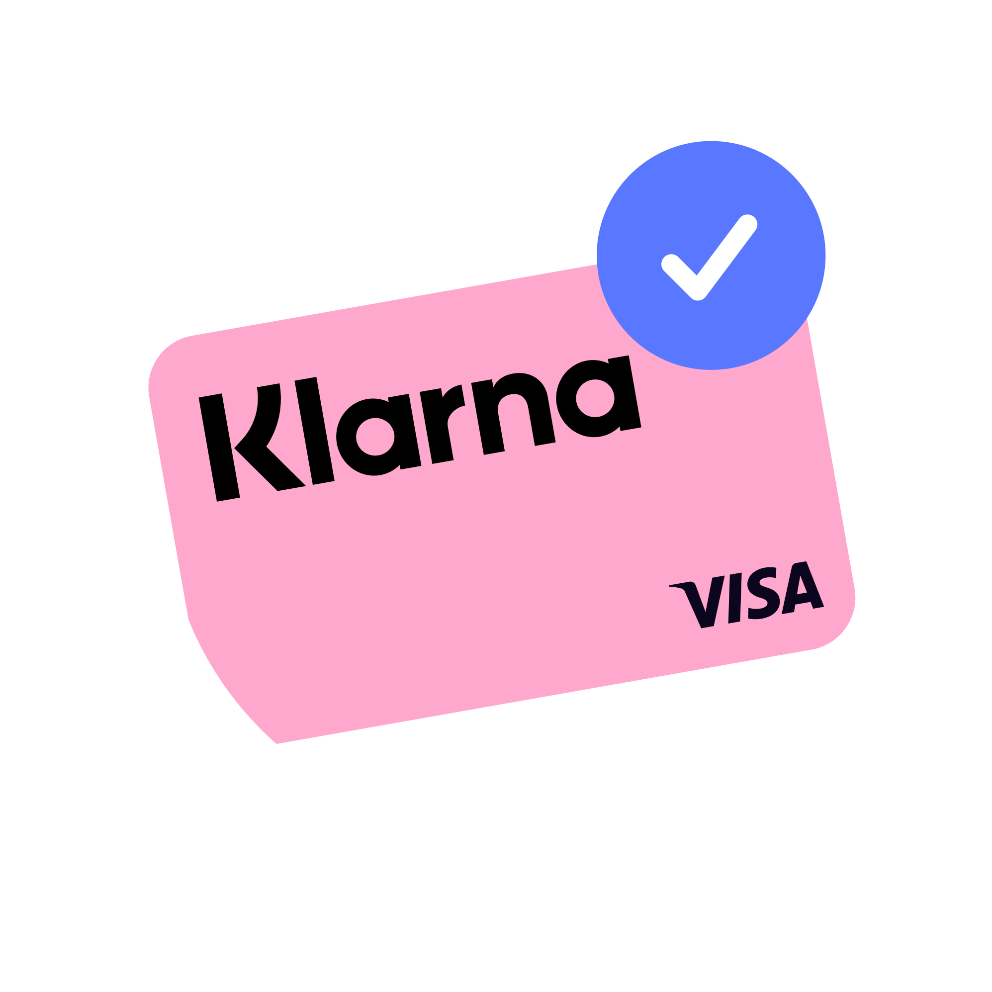 Pink Klarna credit card with Visa logo and a blue checkmark icon.
