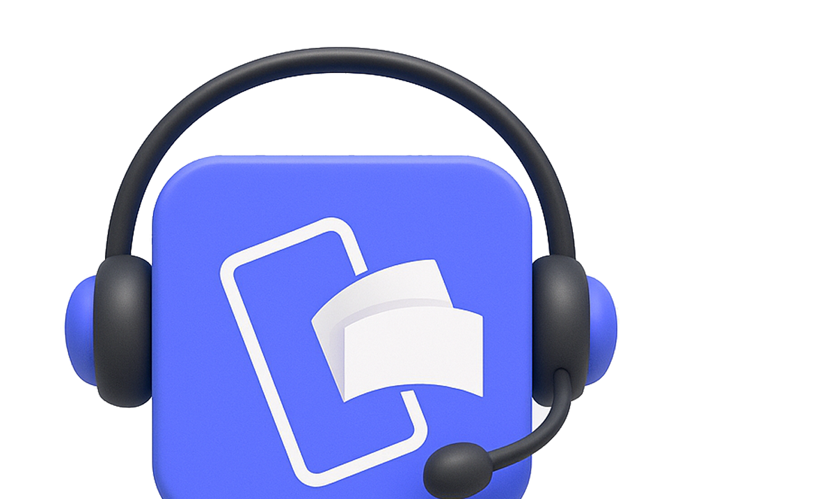 3D icon of a customer support headset over a blue block with a phone and flying papers.