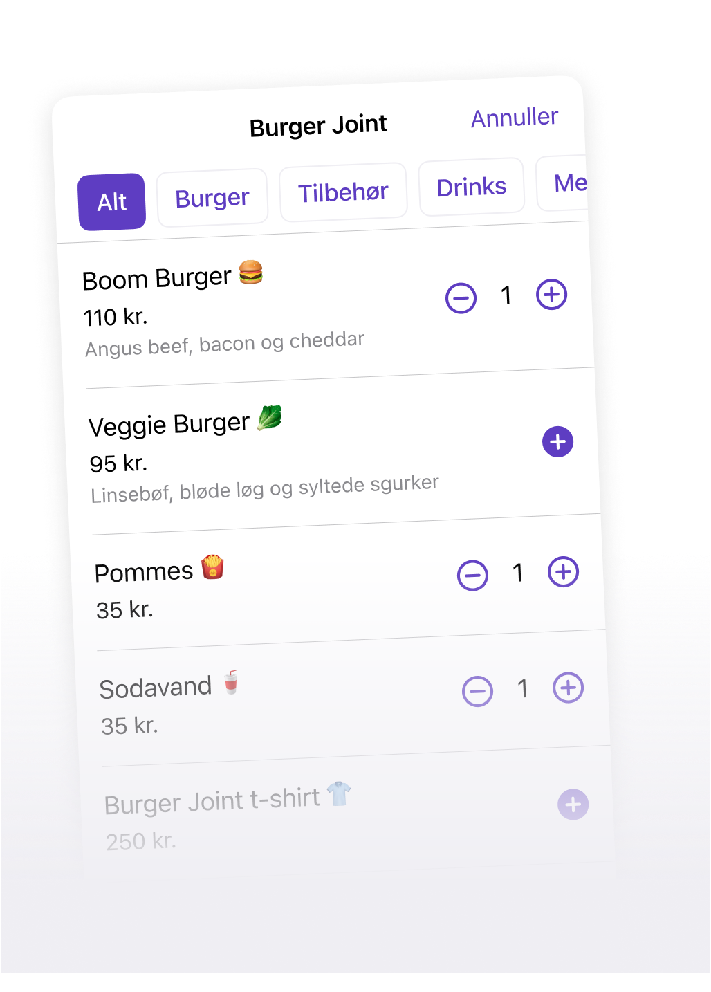 en mobilskjerm viser en meny for en burgerrestaurant