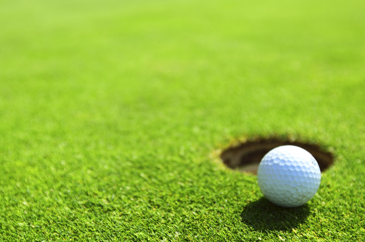 A golf ball next to a hole on a green.