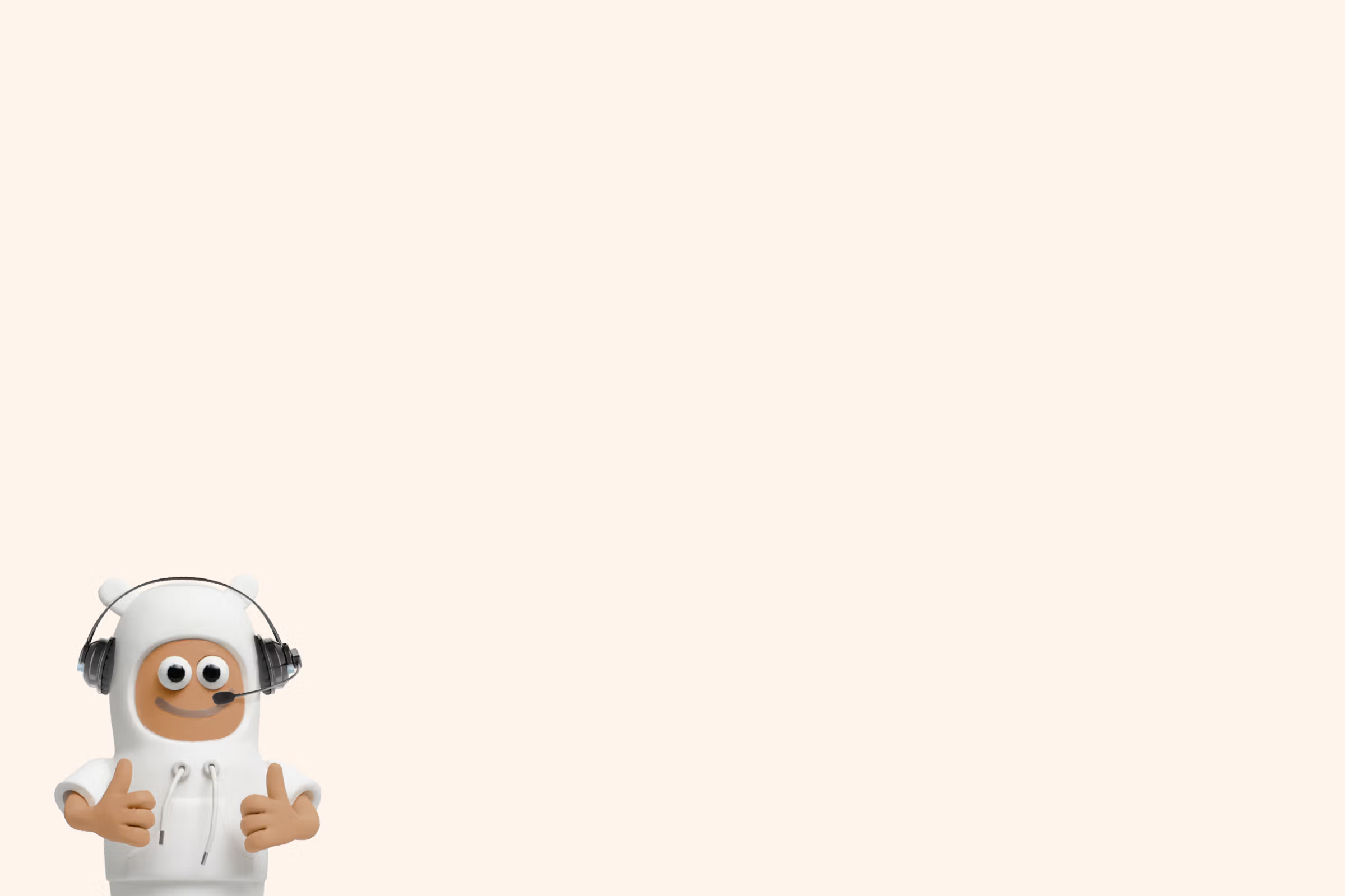 A friendly, cartoon character in a white hoodie and headset gives two thumbs up.
