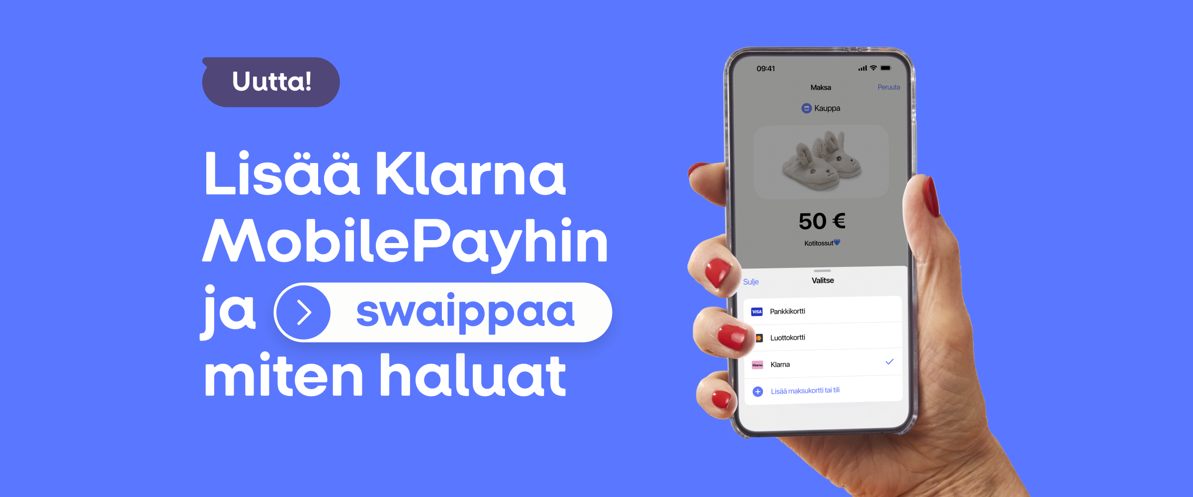 A smartphone in hand displays Klarna selected as a payment method, with Finnish text promoting Klarna for MobilePay.