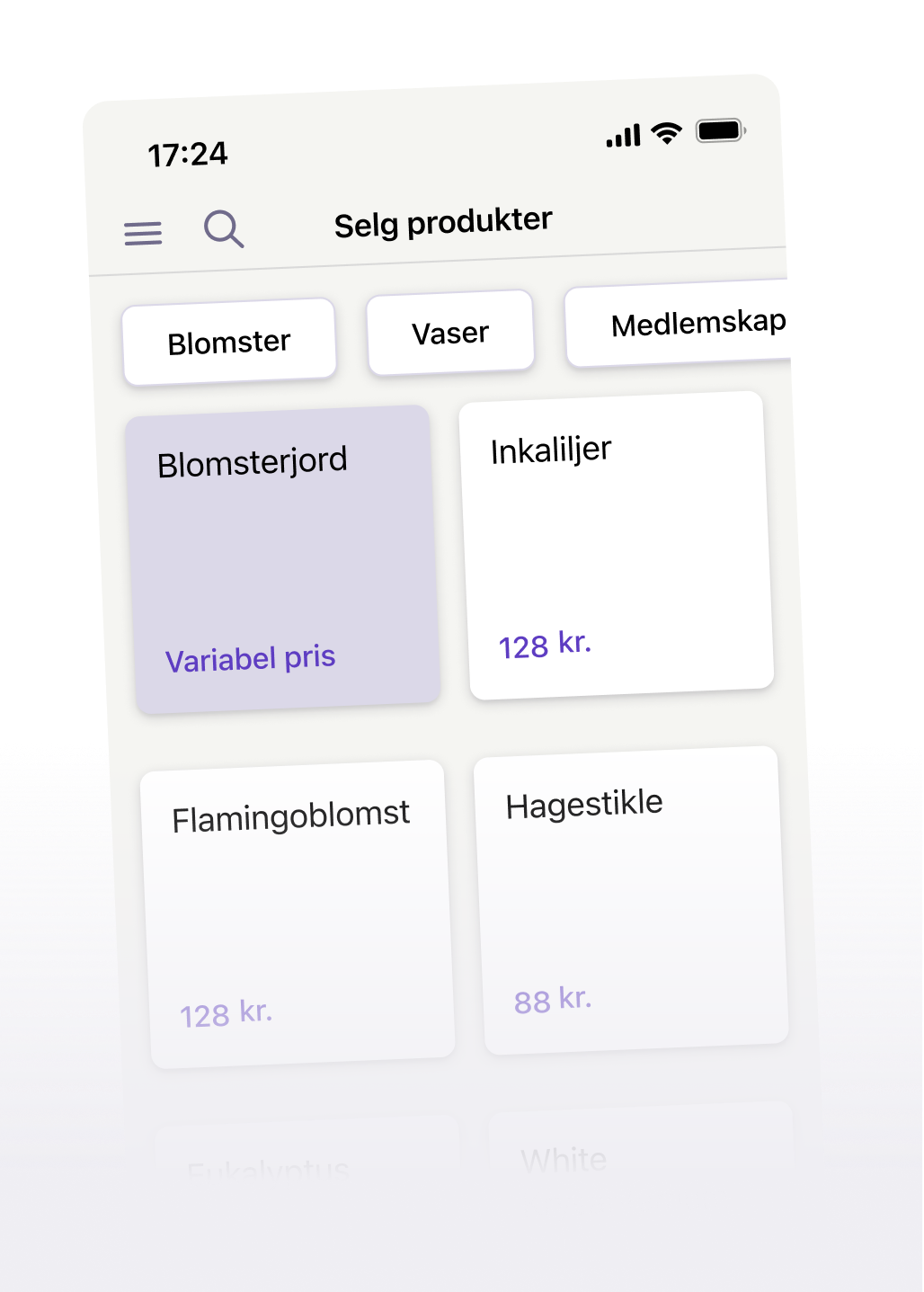 a phone screen shows a list of flowers including flamingoblomst