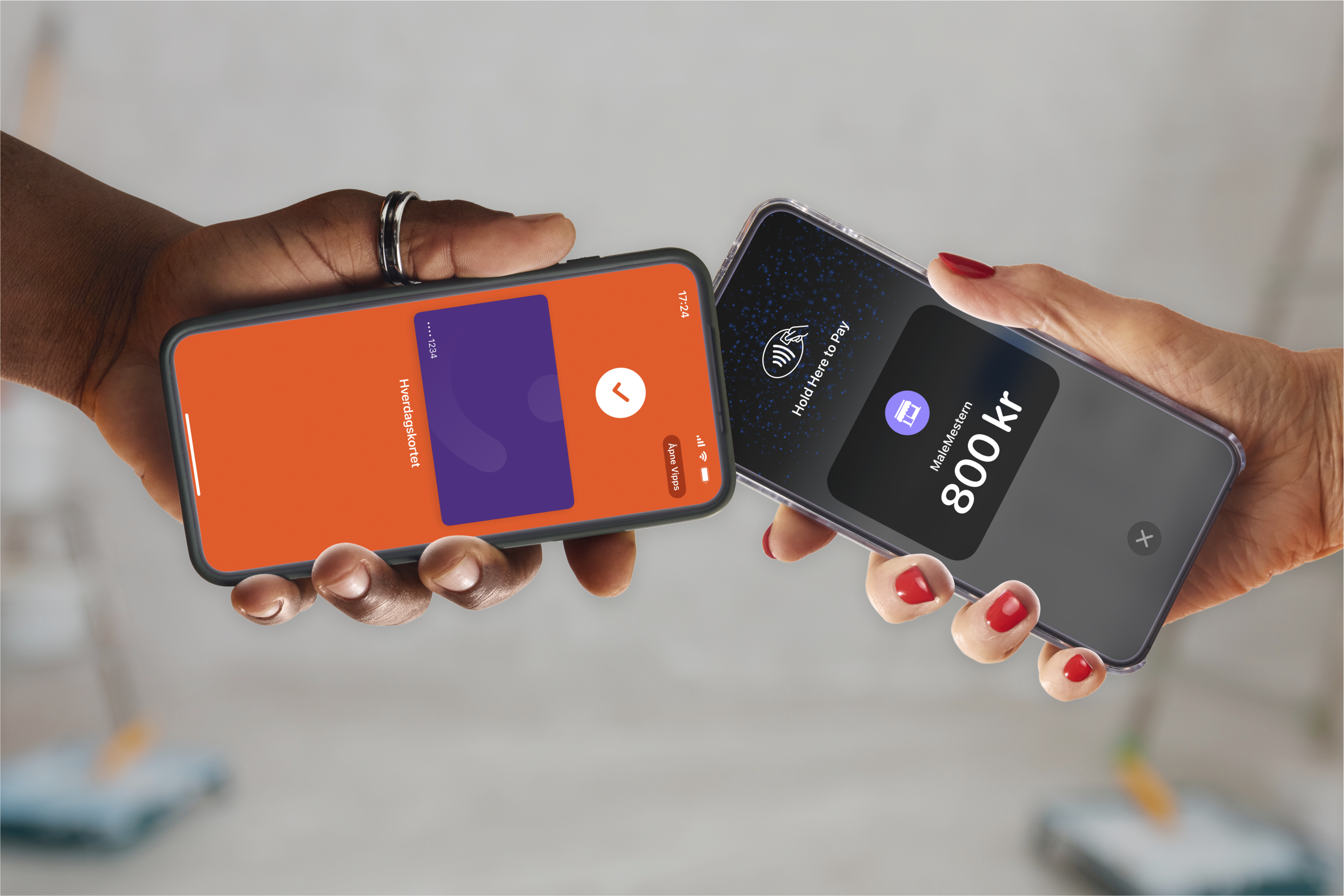 a person holding a phone that says 800 kr on it. Tapping another phone to pay that works like a cash register with Vipps Mobile point-of-sale