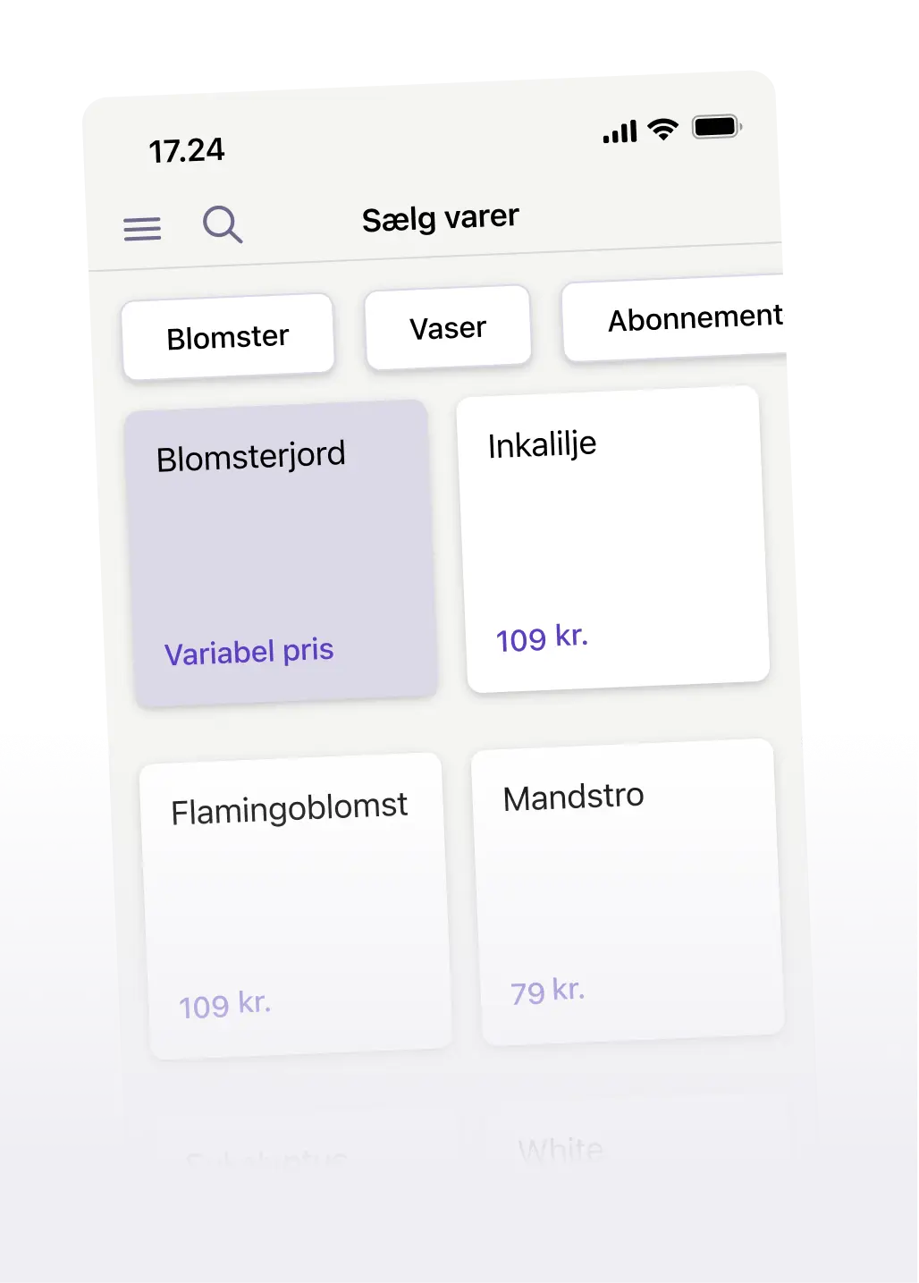 a phone screen shows a list of flowers including flamingoblomst