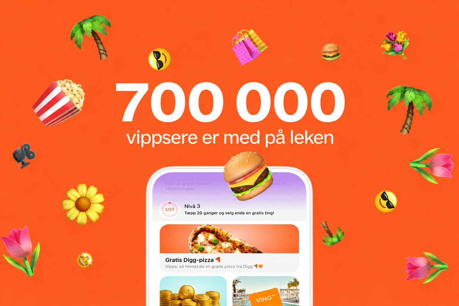 Orange graphic with "700 000 vippsere er med på leken" surrounded by various emojis and a smartphone displaying an app.