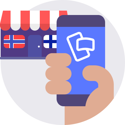 Hand holding a smartphone displaying a digital wallet icon, with a storefront featuring Norwegian and Finnish flags in the background.