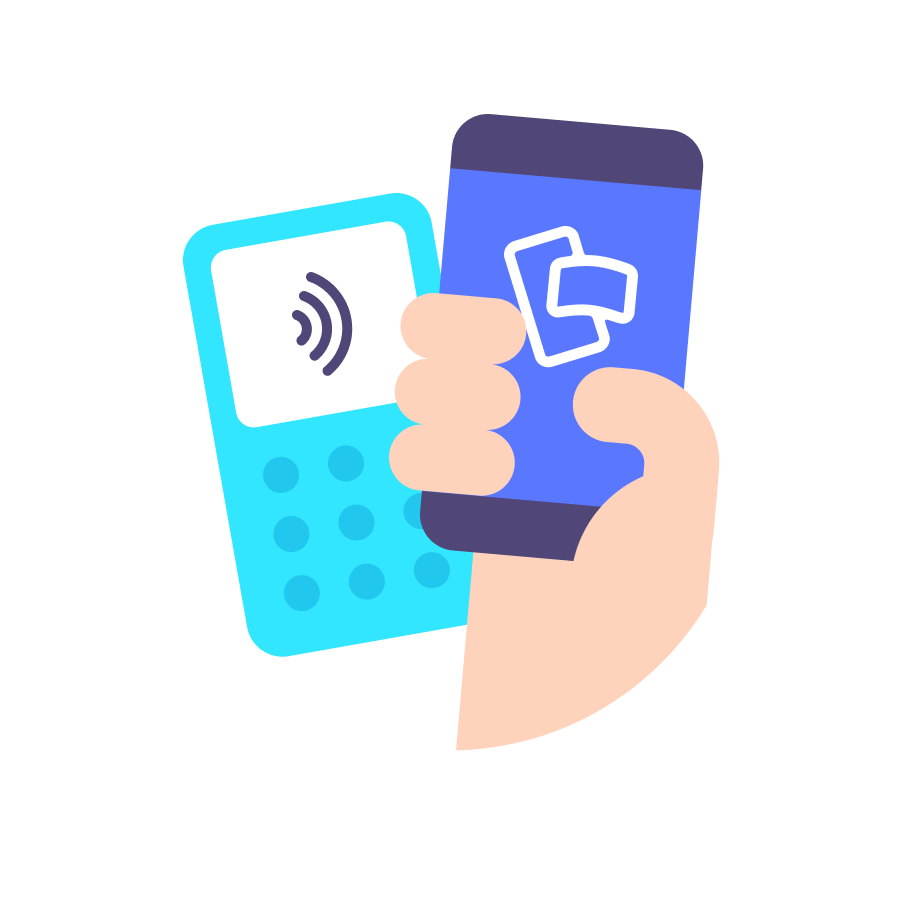 Hand holding a smartphone next to a contactless payment terminal.