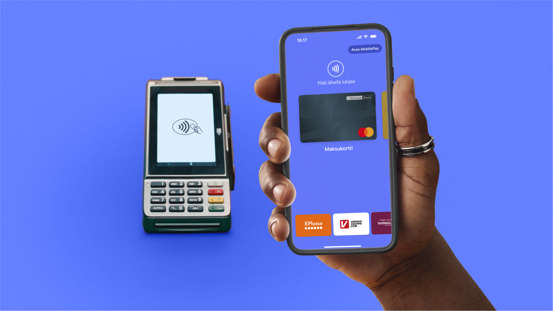 A hand holds a smartphone displaying a mobile payment app next to a payment terminal, both showing contactless payment symbols.