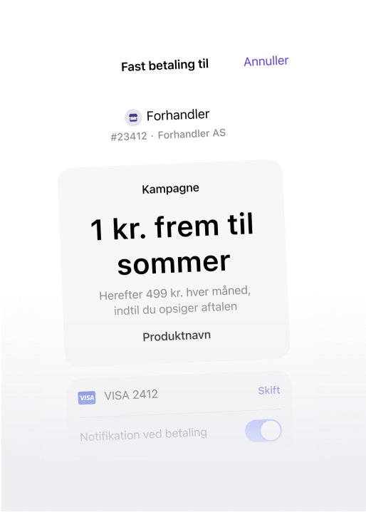 A mobile app screen displaying a subscription payment setup with a "1 kr. until summer" campaign, followed by 499 kr. monthly, and a Visa card payment option.