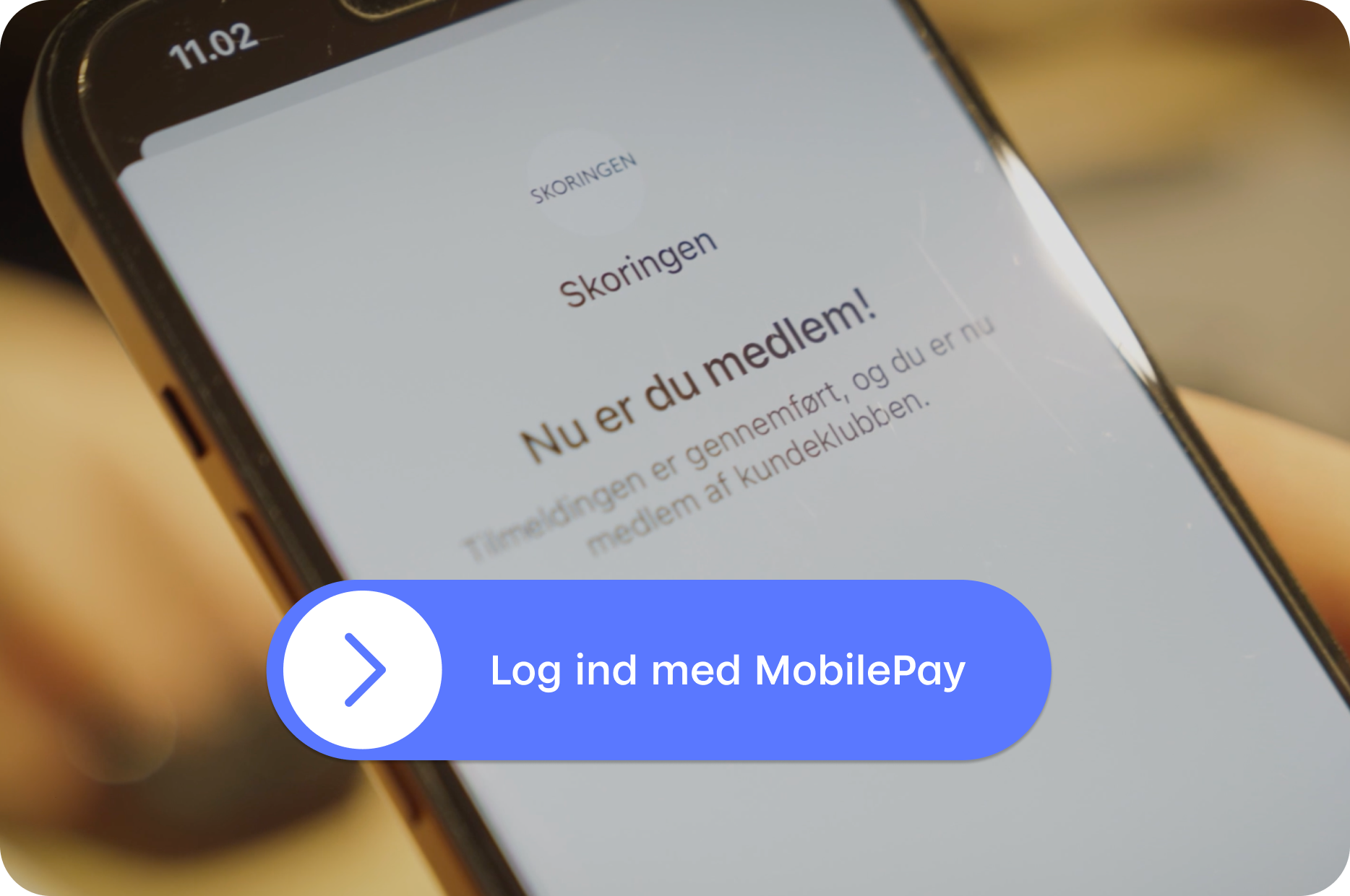 A smartphone screen displays a membership confirmation message "You are now a member!" and a blue button "Log in with MobilePay."