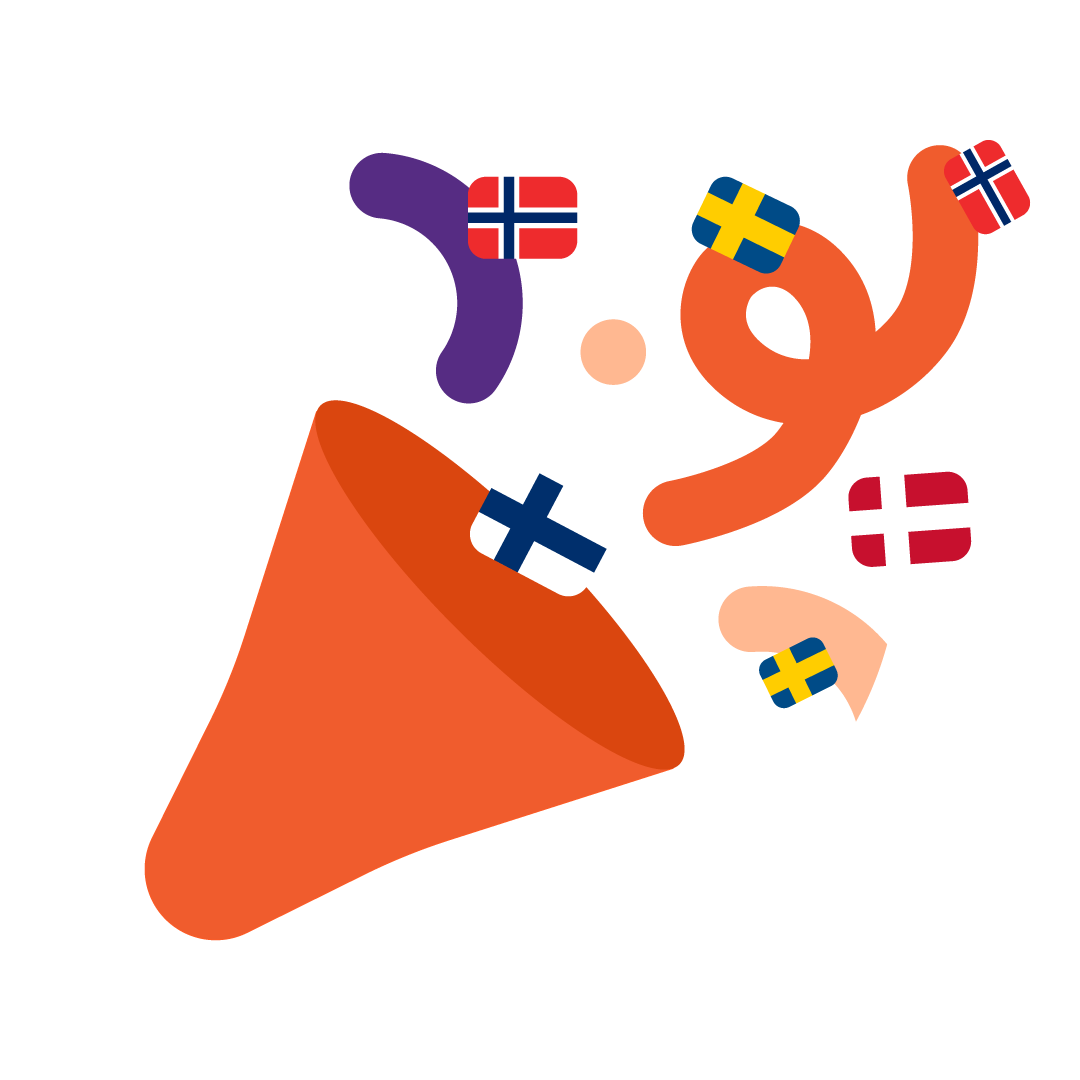 Party popper bursting with colorful confetti and flags of Norway, Finland, Sweden, and Denmark.