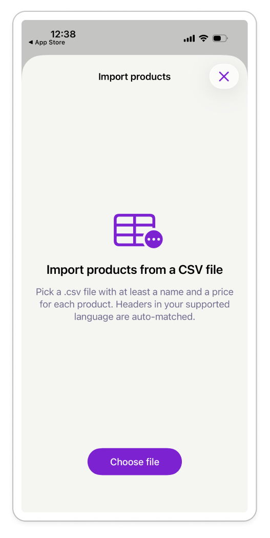 A mobile app screen for importing products from a CSV file, featuring a "Choose file" button.