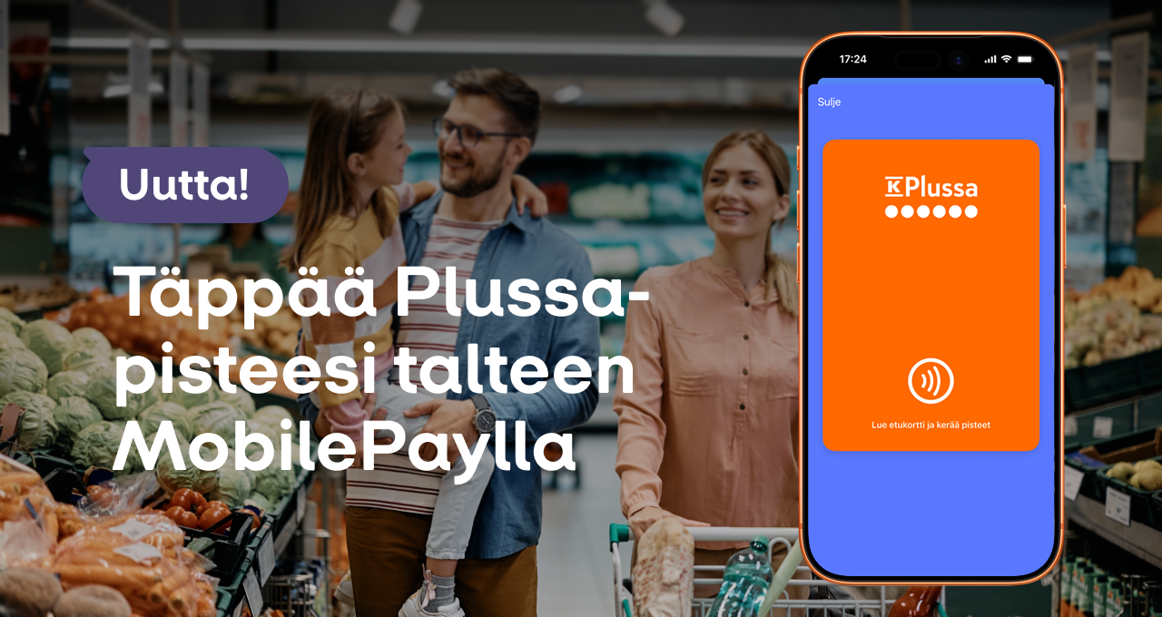 A smartphone displaying a K Plussa loyalty card on a MobilePay app screen, with a family shopping in a grocery store in the background.