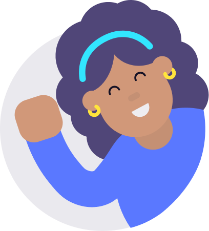 Illustration of a smiling woman with curly hair and a blue headband, flexing her bicep.