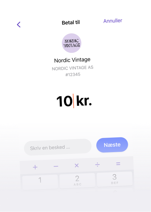 Mobile app payment screen showing 10 kr. to Nordic Vintage, with a message field and numeric keypad.