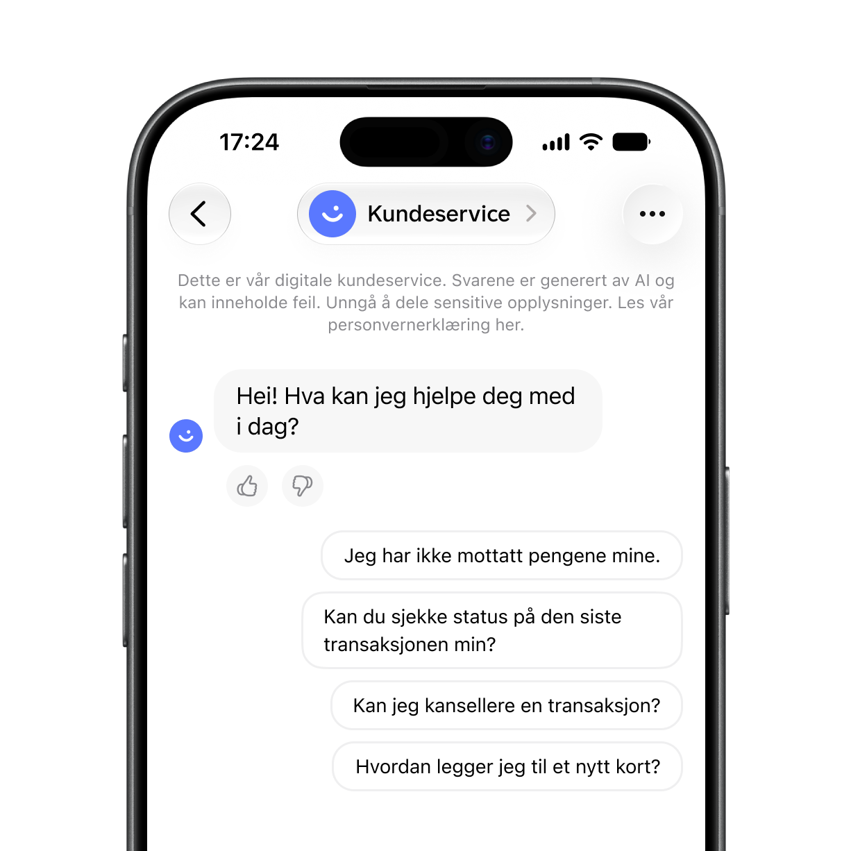A smartphone displaying an AI customer service chatbot in Norwegian with a greeting and user prompt options.