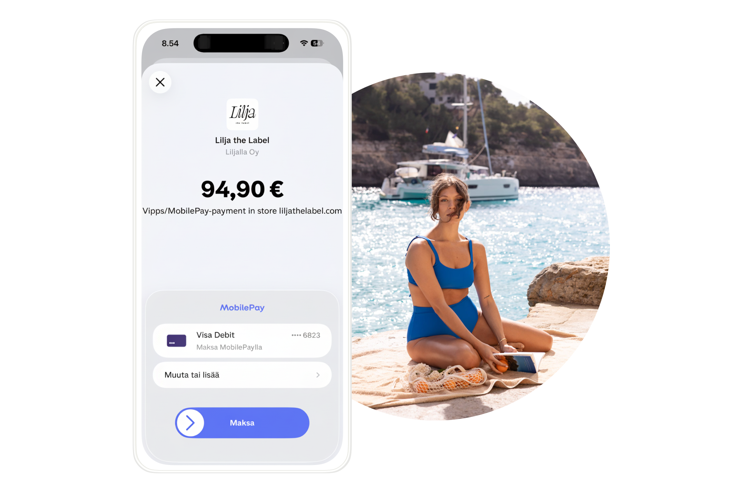A smartphone displaying a MobilePay screen for 94.90€ from Lilja the Label, beside a woman in a blue swimsuit sitting on a beach with a catamaran in the background.