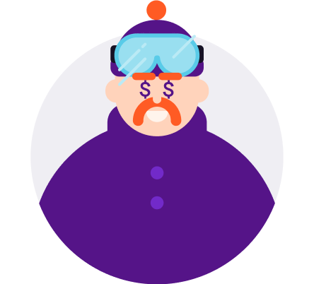 Cartoon man with dollar sign eyes, an orange mustache, purple hat, and blue ski goggles.