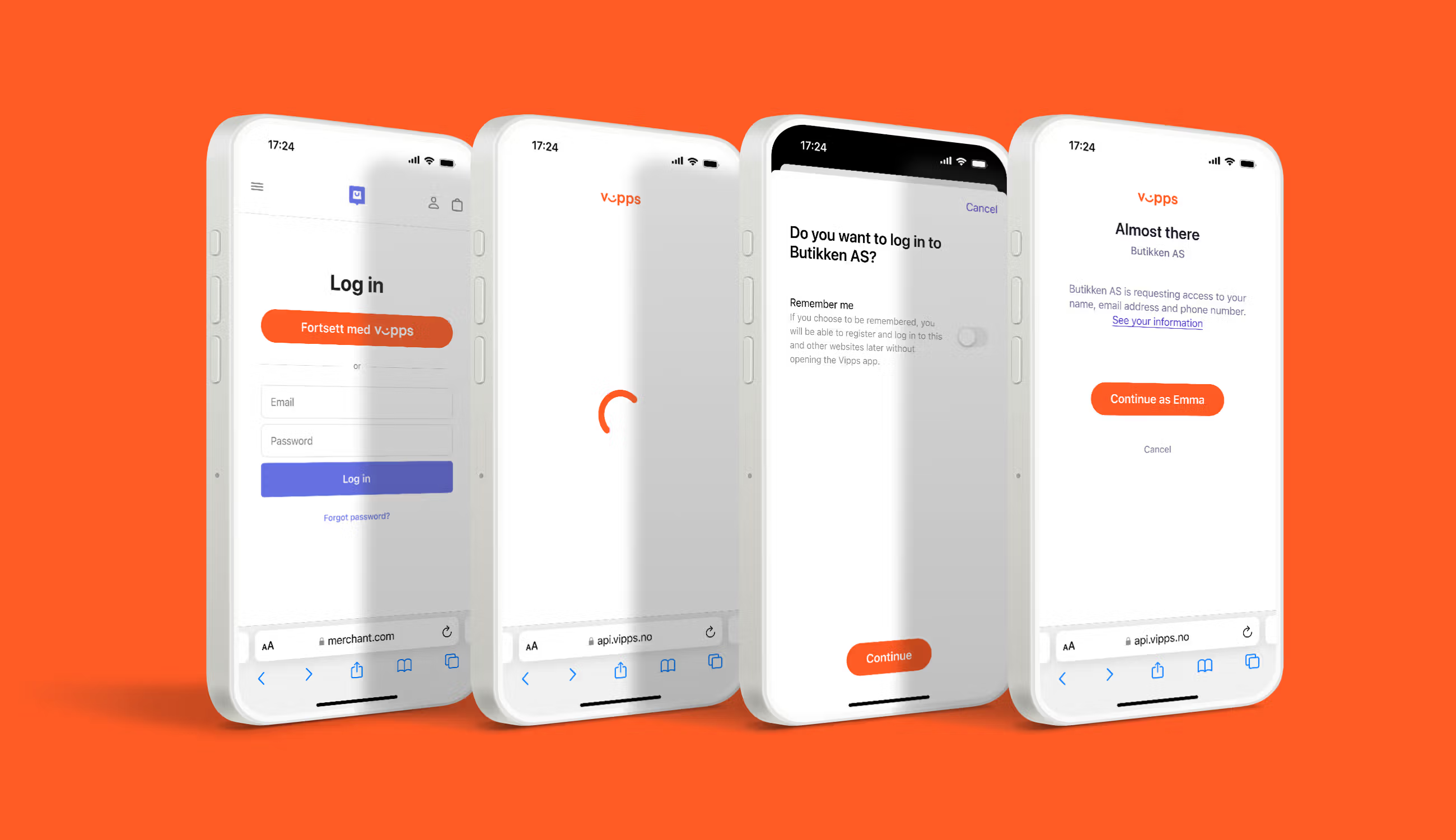 Four iPhones display a multi-step mobile login and authentication process using the Vipps app.