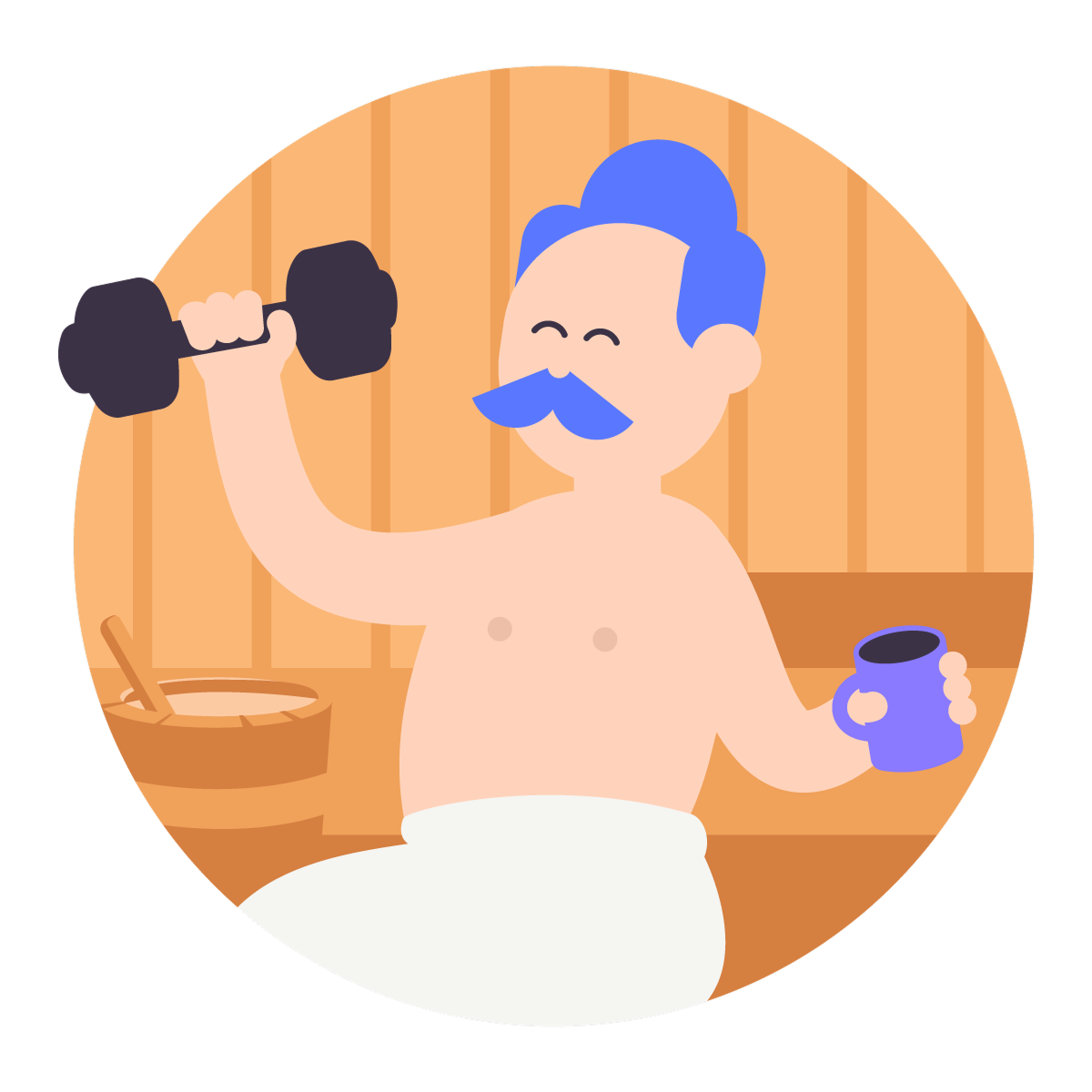 A cartoon man with blue hair and mustache in a sauna, holding a dumbbell and a mug.