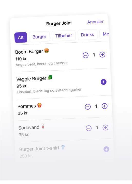 Online menu for Burger Joint showing food, drinks, and merchandise with prices and quantity selectors.