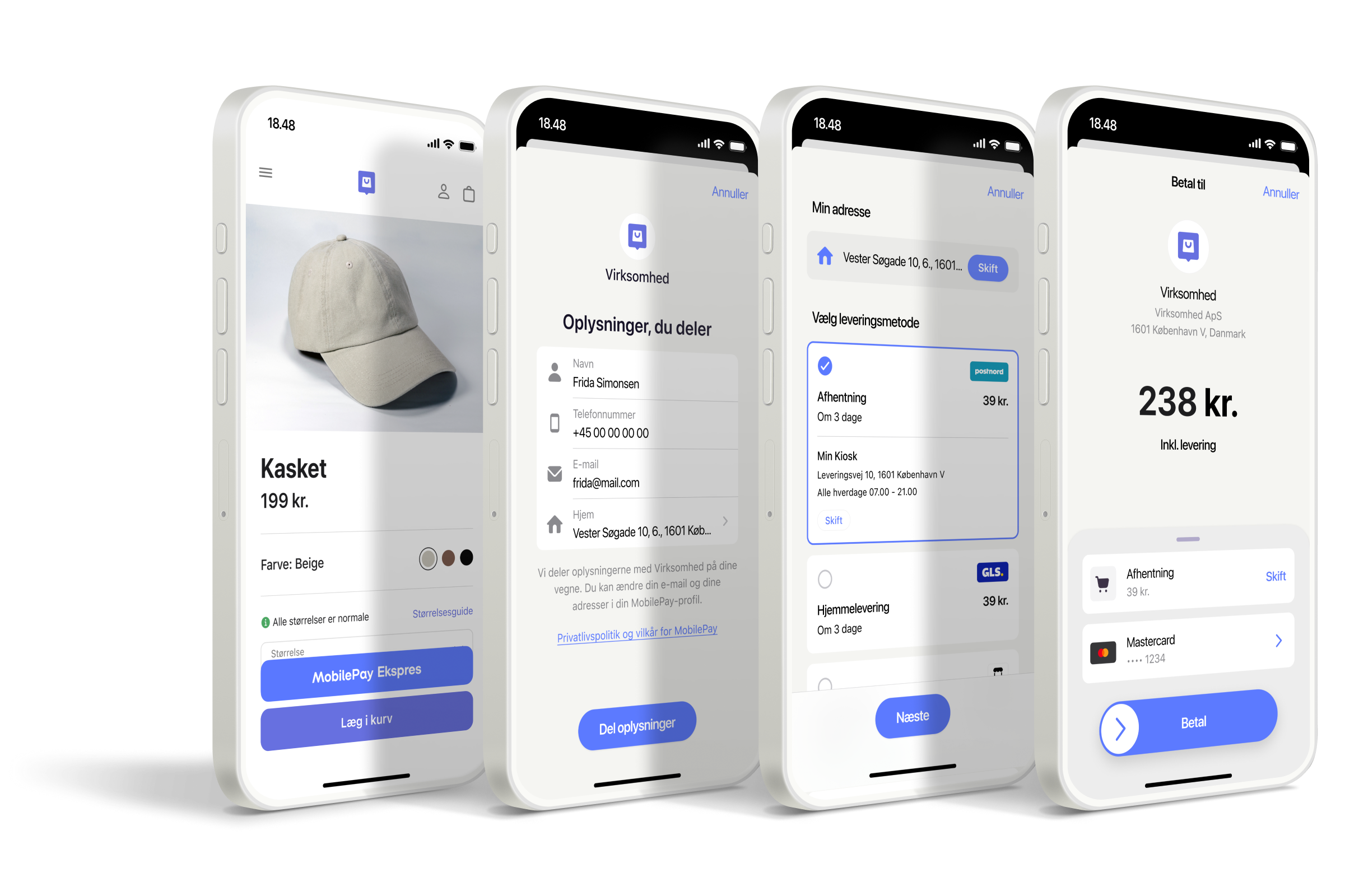 a phone screen shows a baseball cap for 198 kr
