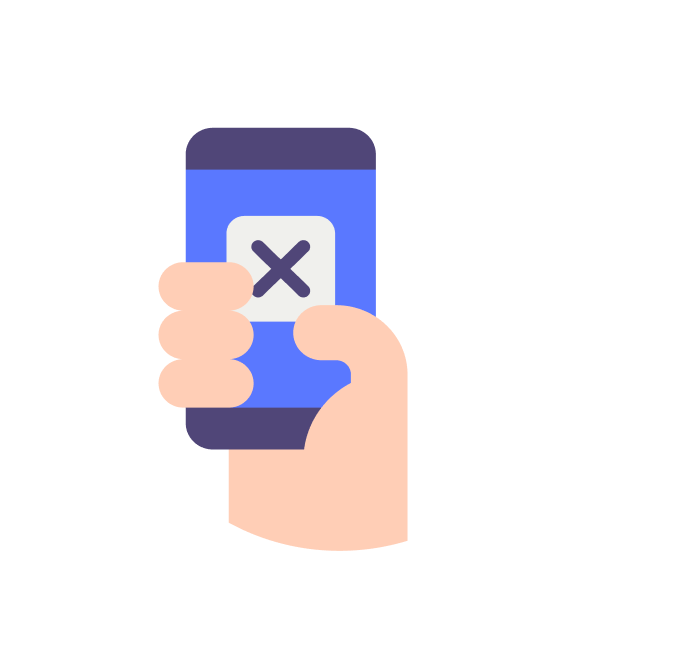 Illustration of a hand holding a smartphone displaying an 'X' symbol on its screen.