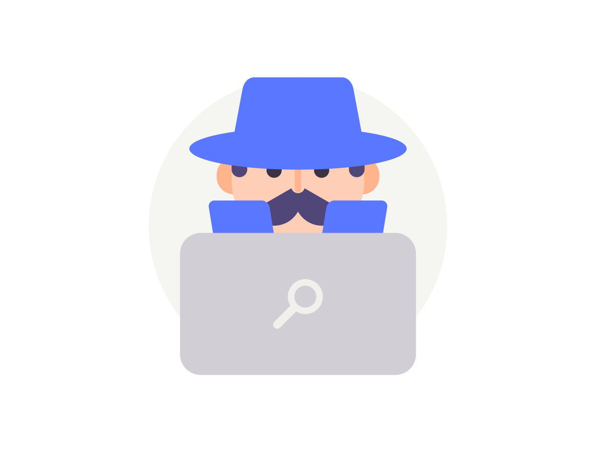Cartoon detective in a blue fedora and mustache peeking over a laptop with a magnifying glass icon.