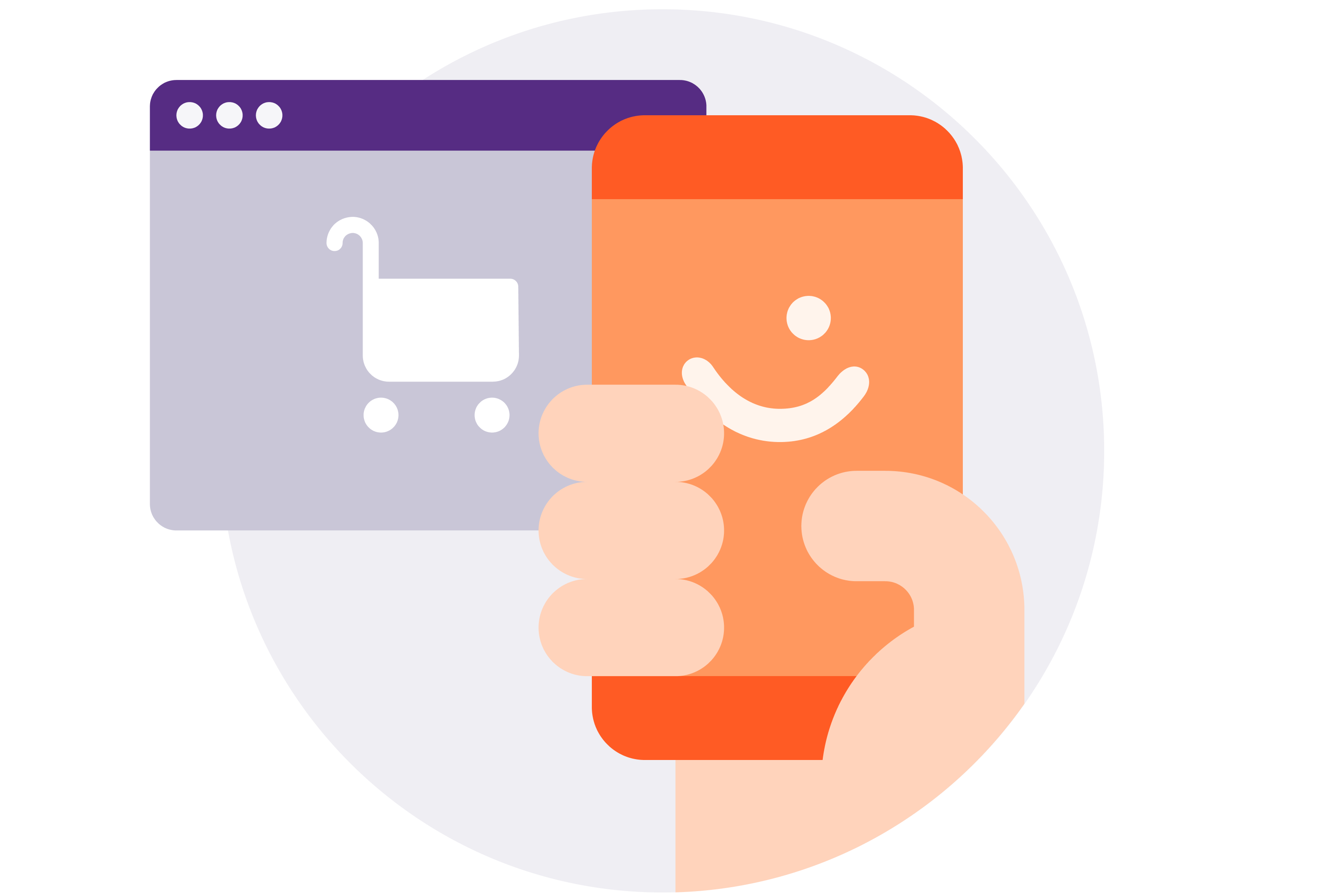 an illustration of a hand holding a cell phone with a shopping cart in the background