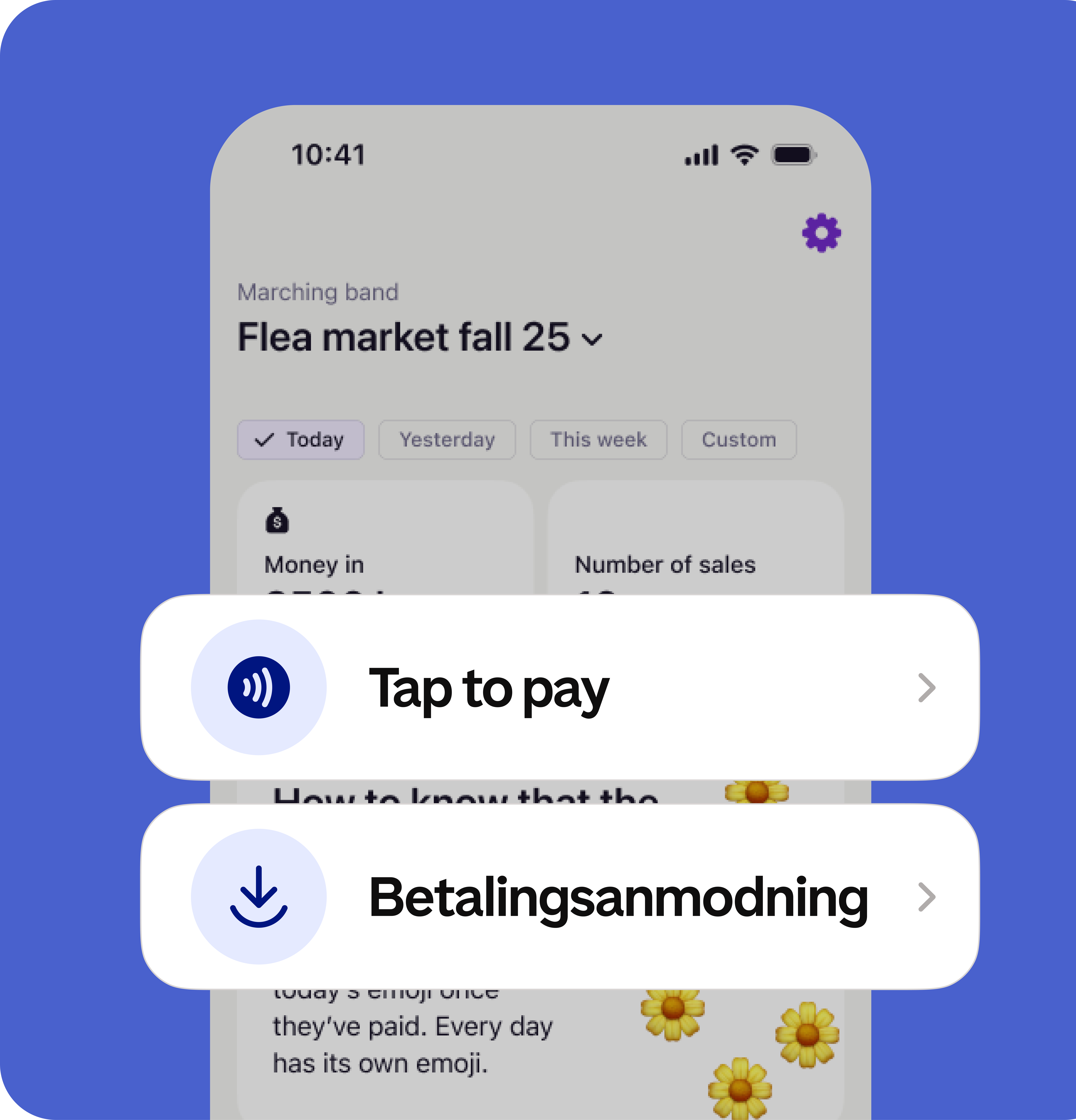 A smartphone app displaying options for "Tap to pay" and "Betalingsanmodning" (payment request).