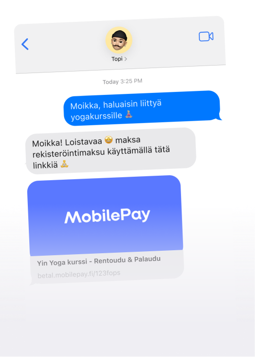 Finnish-locale mobile chat showing a MobilePay payment link for a yoga course.