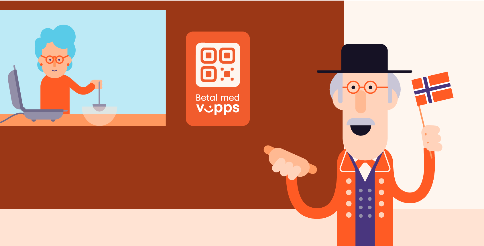 Cartoon showing an elderly woman cooking waffles, an elderly man in traditional Norwegian clothes holding a hot dog and flag, and a Vipps QR code.