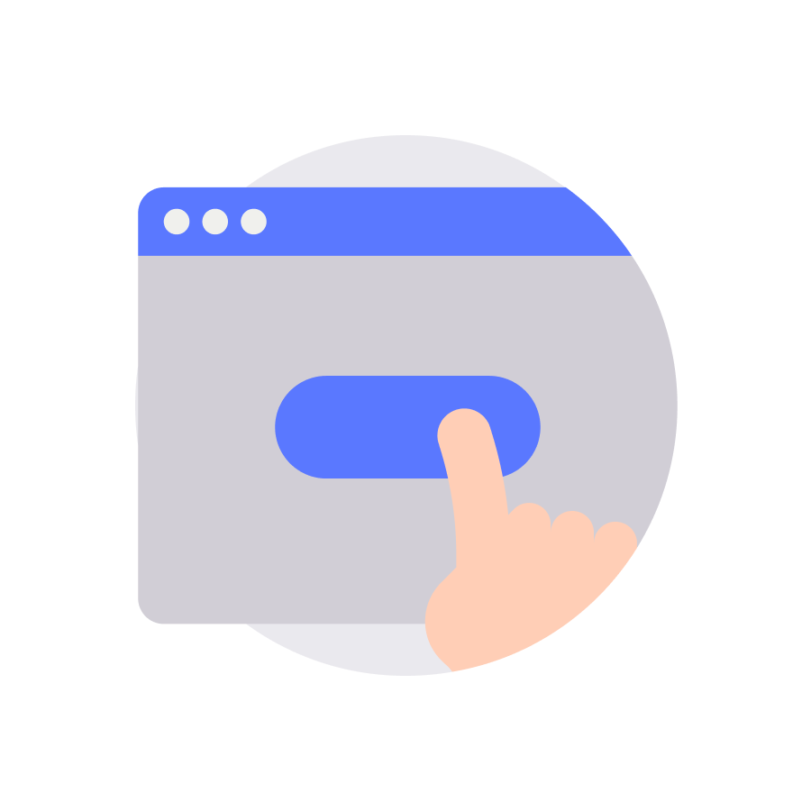 Icon of a hand clicking a blue button in a browser window.