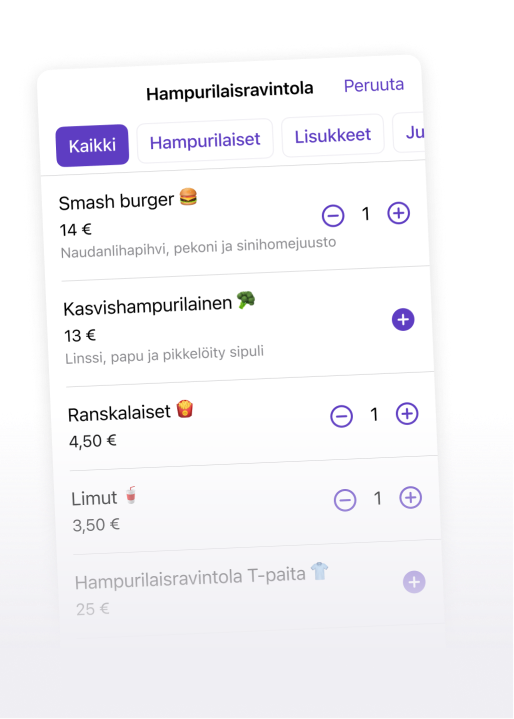 Finnish-locale Burger Joint menu showing items and prices.