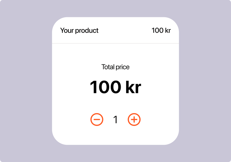 UI card displaying a product priced at 100 kr, with a quantity selector showing 1.