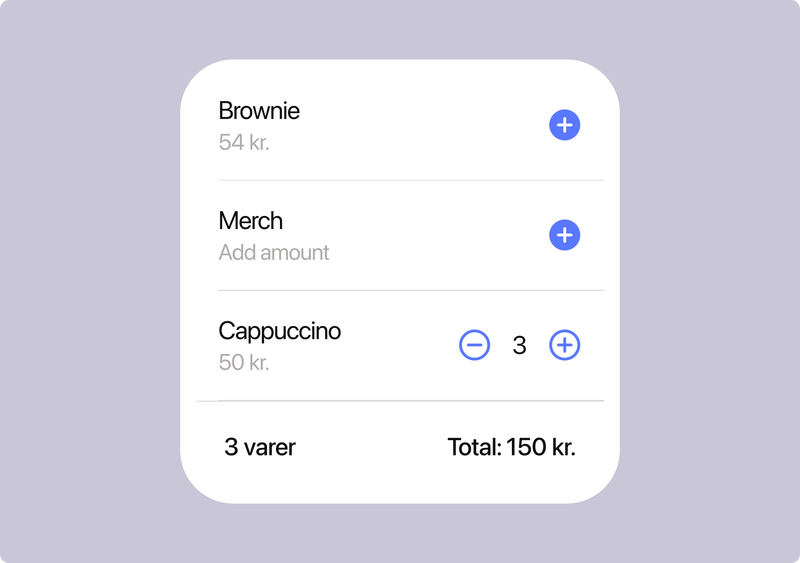 Order summary UI showing Brownie, Merch, and 3 Cappuccinos for a total of 150 kr.