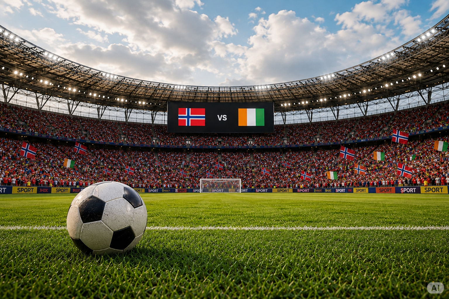 Soccer ball on a stadium pitch with a scoreboard showing Norway vs. Ivory Coast flags and a crowd.