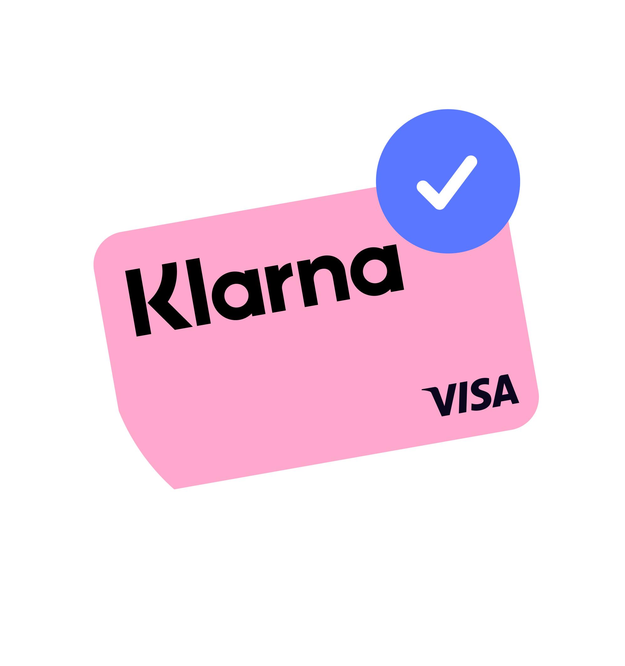 Pink Klarna VISA card with a blue checkmark.