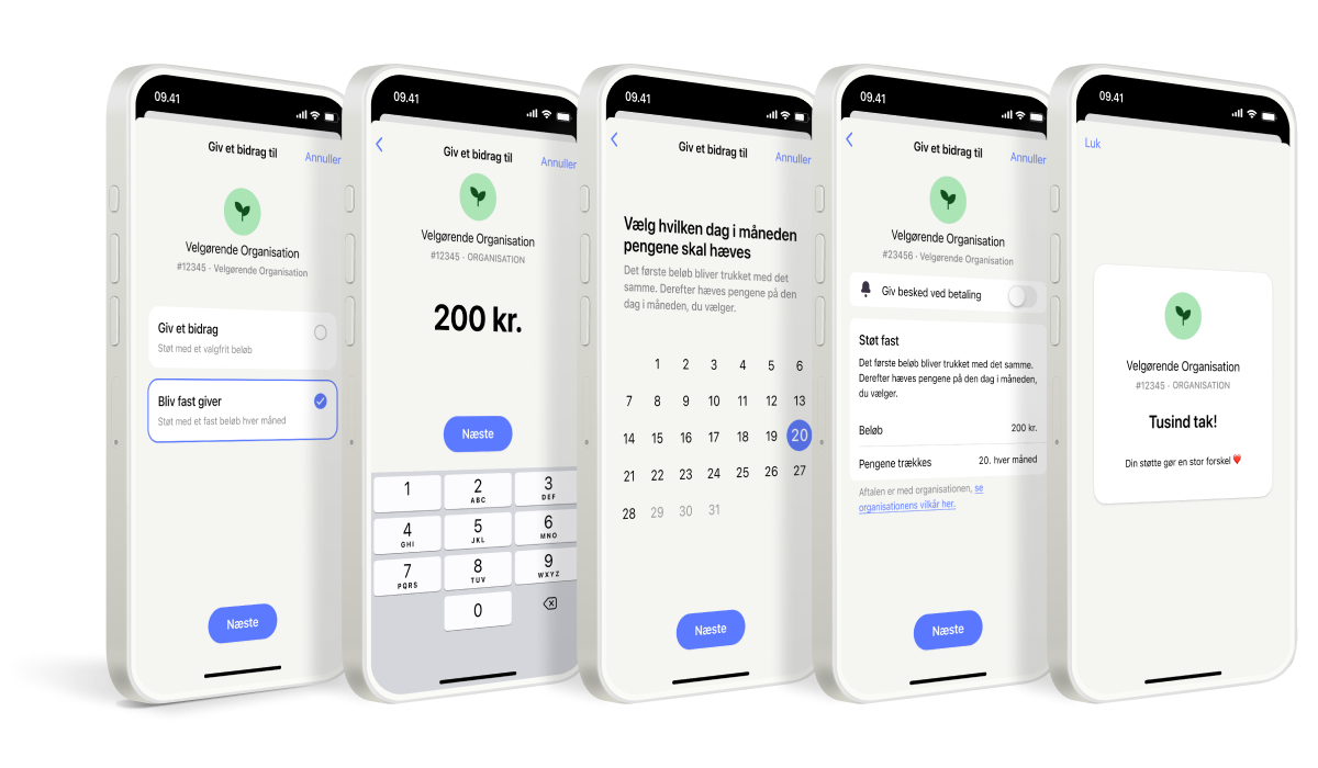 Five mobile app screens demonstrating the steps to set up a recurring donation, from selecting amount and date to a thank you confirmation.