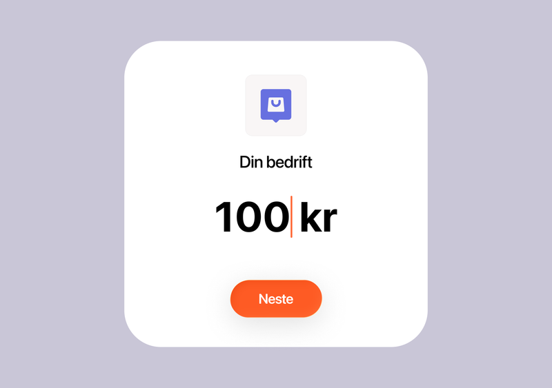 UI card with a shopping bag icon, 'Din bedrift', '100 kr', and a 'Neste' button.