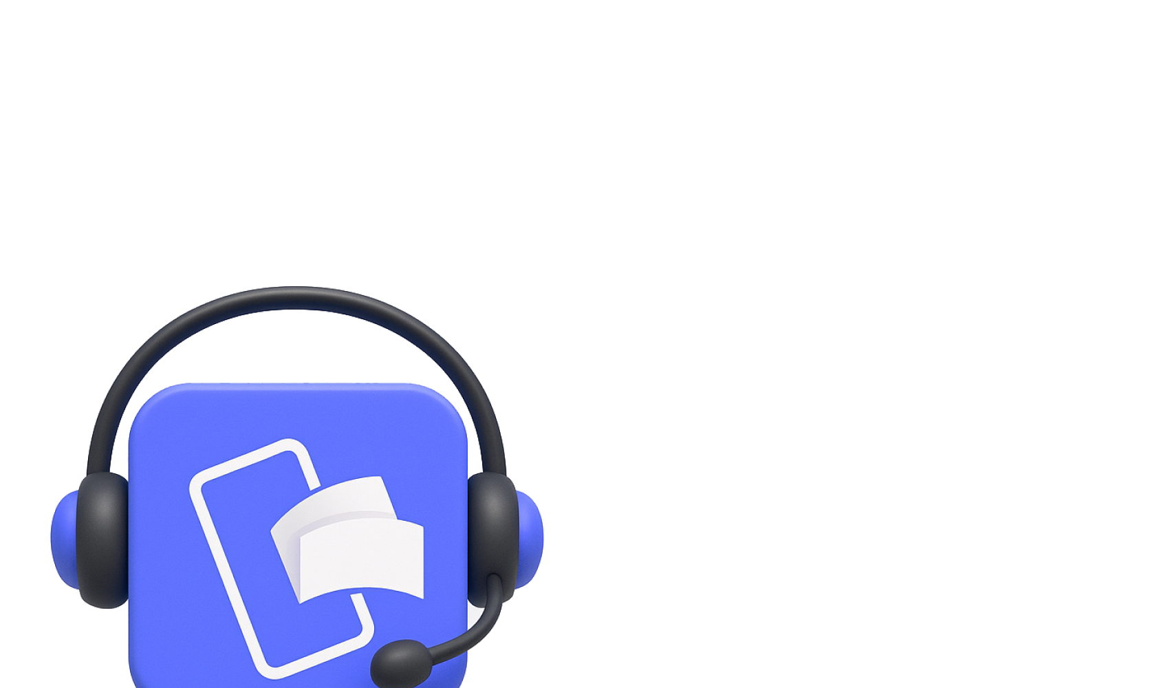 Blue 3D support icon with a smartphone, documents, and a headset.
