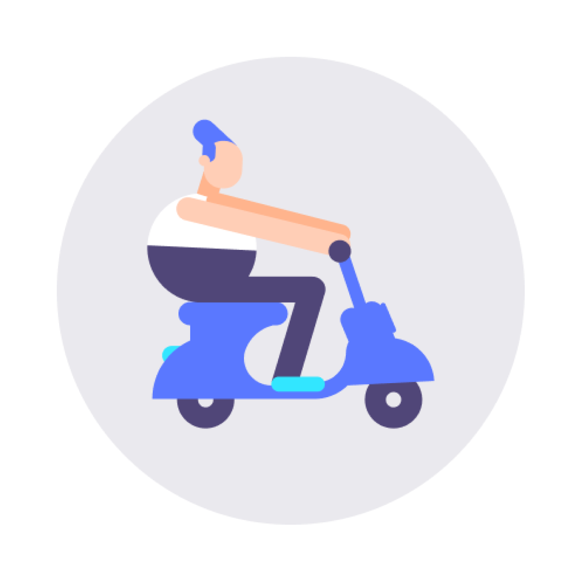 Minimalist illustration of a person riding a blue scooter.