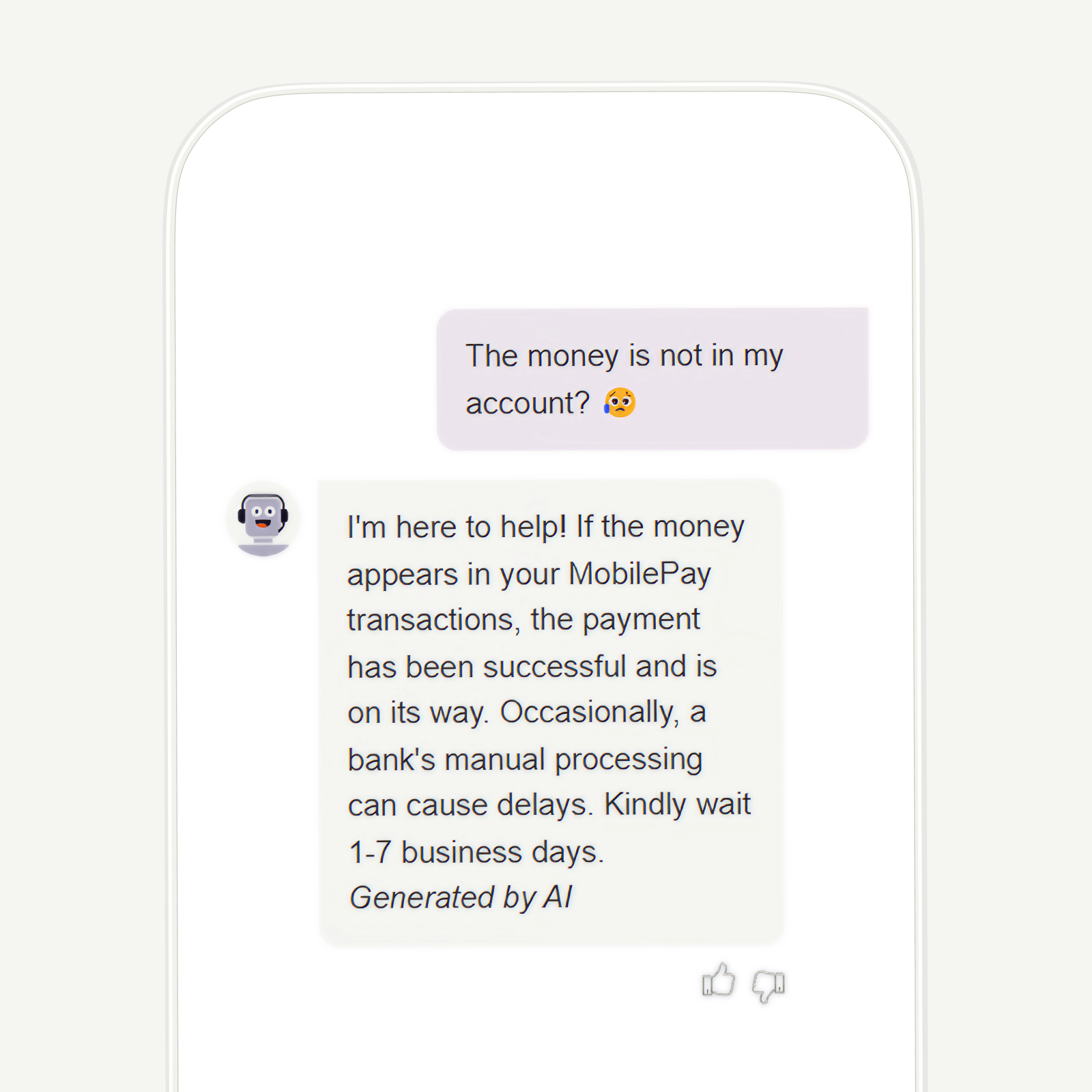 a phone screen shows a message that says "the money is not in my account" and instructions for what to do