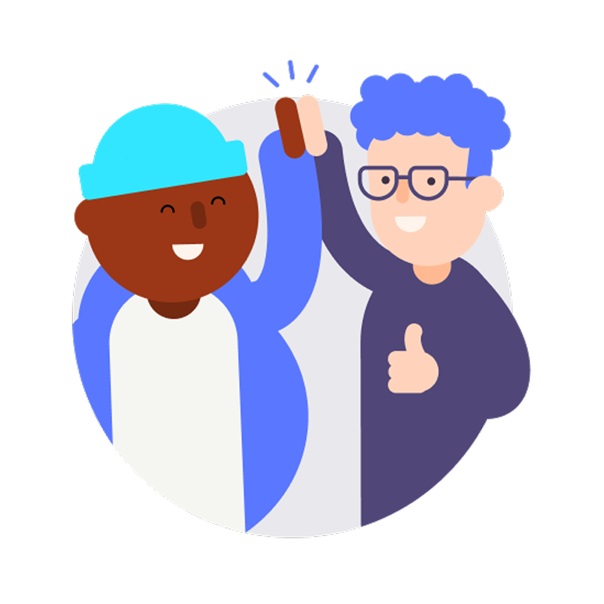Two smiling cartoon people high-fiving, one also giving a thumbs-up.